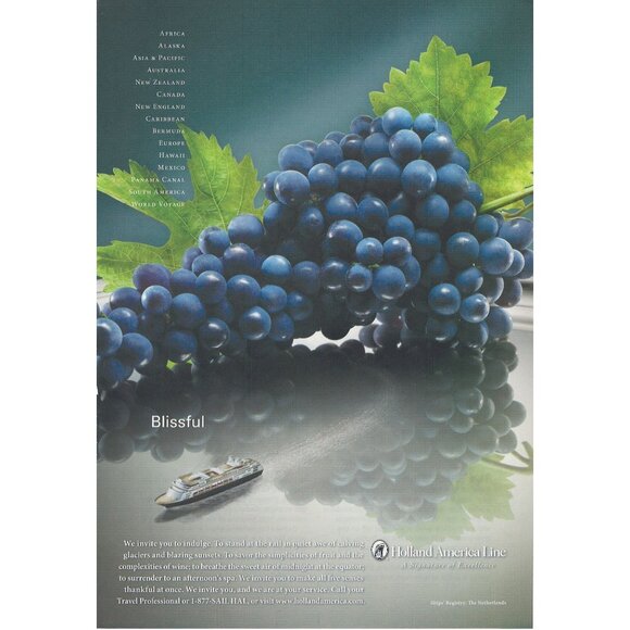 2009 Holland America Cruise Line Full Page Ad Original Grapes on Sea u - Picture 1 of 1